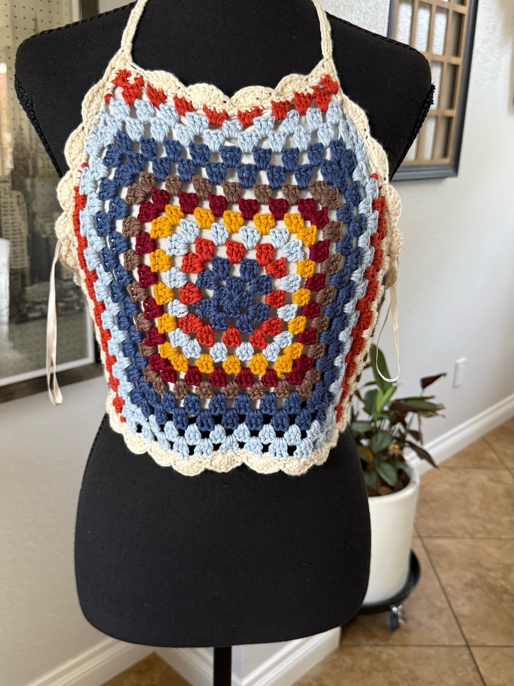 Forever 21 Crochet Square Halter Top - Cream, Blue, Red, Yellow, Brown